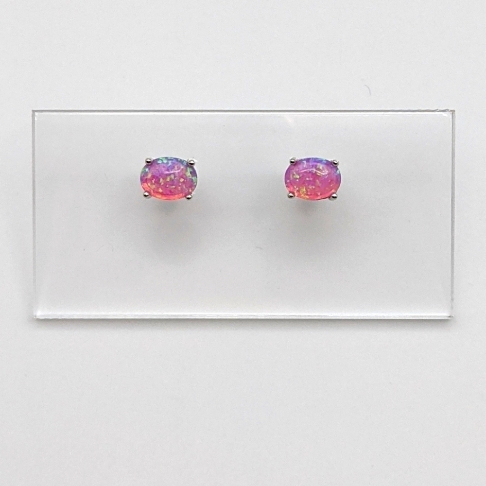 Pink opal sterling silver oval cut stud earrings